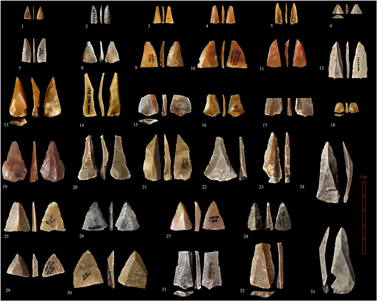 Bautismo en puntos de cultura y micropuntos "Nronien"en silex taillé, dicouvertes dans la couche "mi" de la Grotte Mandrin. [CNRS - Science.org]