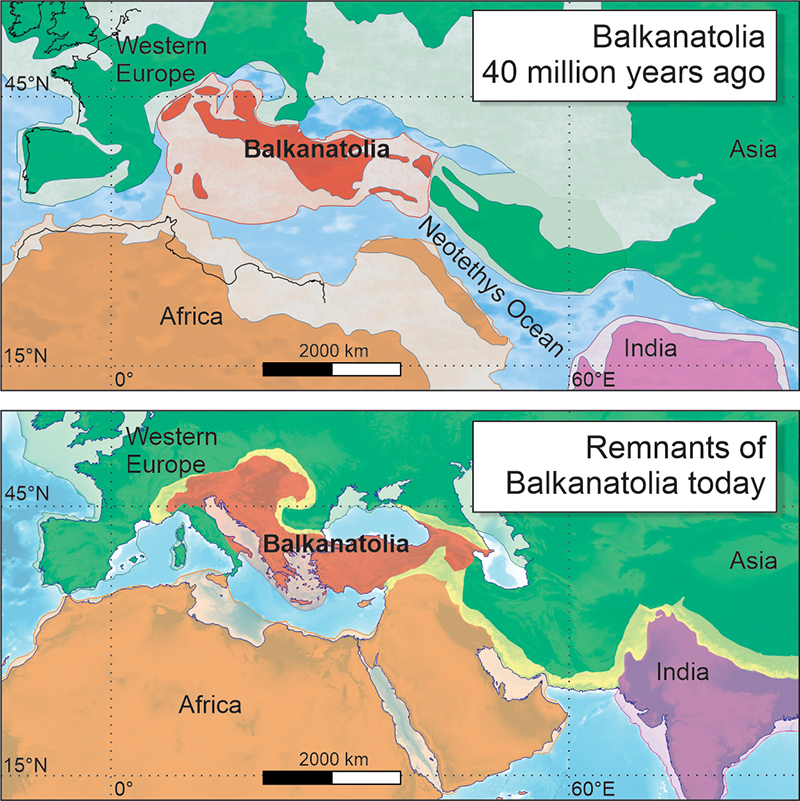 Balkanatolia hace 40 millones de años y hoy. [Alexis Licht & Grégoire Métais - CNRS]