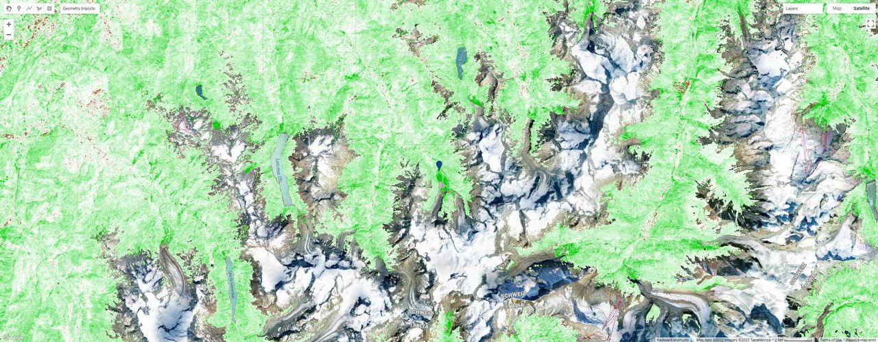 Représentation des endroits où la végétation a progressé sur les 40 dernières années, basée sur des images de la NASA.  L'intensity du vert est proportionnelle au degre de progression de la végétation.  Les (rares) endroits en brun correspondent à un déclin de la végétation.  Les zones de glaciers sont transparentes car elles n'ont pas été considérées dans l'étude. [UNIL/UNIBAS - NASA]