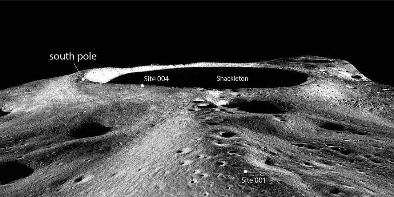 Oblique view of the lunar south pole and potential Artemis 001 and 004 moon landing sites. This is the region where the research team used the new technique to see into the shadowed interiors of impact craters. [LPI - ETH Zurich]