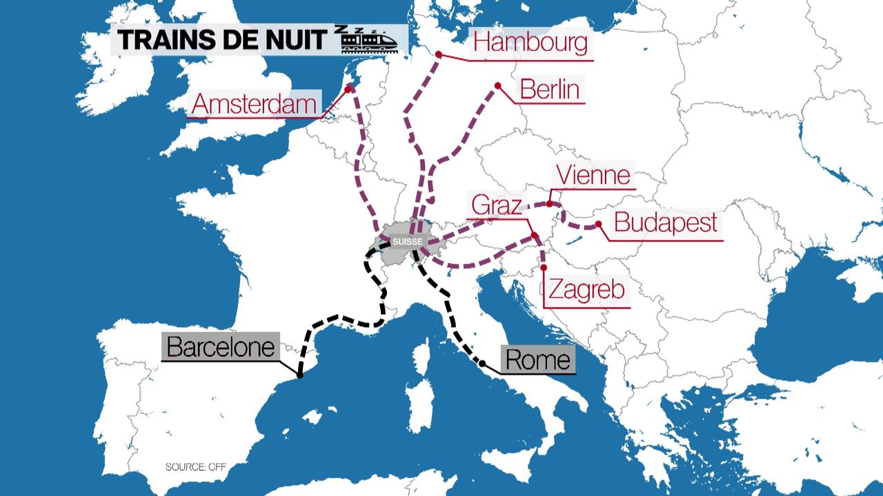 Night train network from Switzerland (in red).  Lines to Rome and Barcelona should be available soon. [RTS]