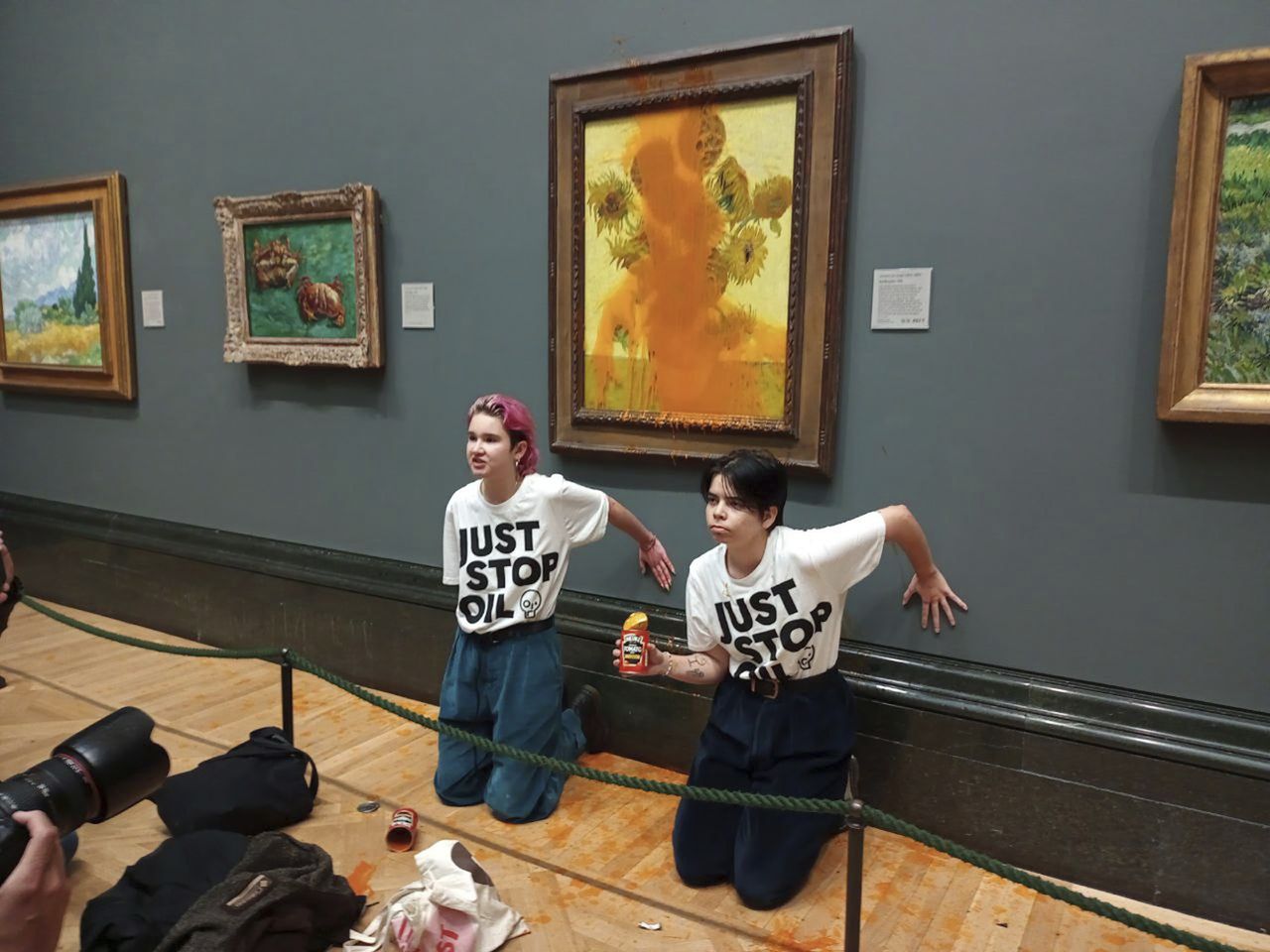 The Just Stop Oil group made a name for themselves by pouring soup over a Van Gogh painting in London in October 2022. [Just Stop Oil via AP - Keystone]